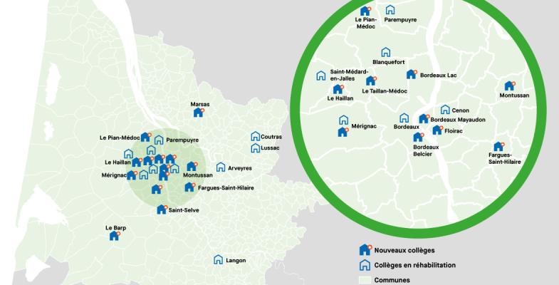 Carte d'implantation des nouveaux collèges  et en réhabilitation